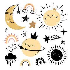 Trend vector planets, sun, rainbow, stars and clouds. Doodle style. Children's design for clothing, packaging