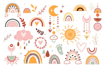 Vector hand drawn boho items doodle style collection. Sun, rainbow, cloud, dream catcher, moon and stars. Baby Shower, birthday, nursery decoration - obrazy, fototapety, plakaty