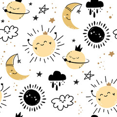 Trend vector planets, sun, stars and clouds seamless pattern. Doodle style. Children's design for clothing, packaging