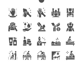 Massage salon. Physiotherapy. Relax, oil and cream. Aromatherapy. Massage stones. Vector Solid Icons. Simple Pictogram