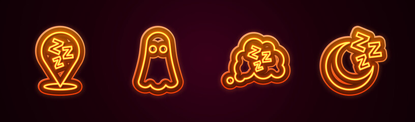 Set line Sleepy, Ghost, and Moon and stars. Glowing neon icon. Vector