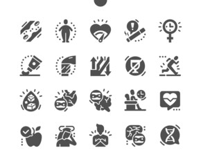 Atherosclerosis. Healthy food. Hereditary disease. High blood pressure. No alcohol. Chest pain. Healthcare, medical and medicine. Vector Solid Icons. Simple Pictogram