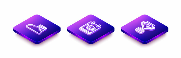 Set Isometric line Cloud or online library, Online education and Award cup icon. Vector