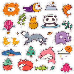 Obraz premium Set of Kawaii Sticker, Cute Animal Patches Design