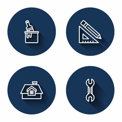 Set line Paint bucket with brush, Triangular ruler and pencil, House and Wrench spanner with long shadow. Blue circle button. Vector