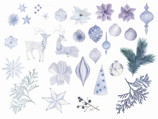 Watercolor painting set of light blue design elements:christmas decorations,  deer, snowflake, fir tree, bow