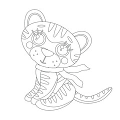 Coloring page of book for kids. Vector cute linear tiger cub in scarf. Symbol of 2022 new year. Isolated on white background