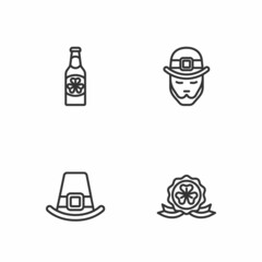 Set line Medal with clover, Leprechaun hat, Beer bottle and icon. Vector