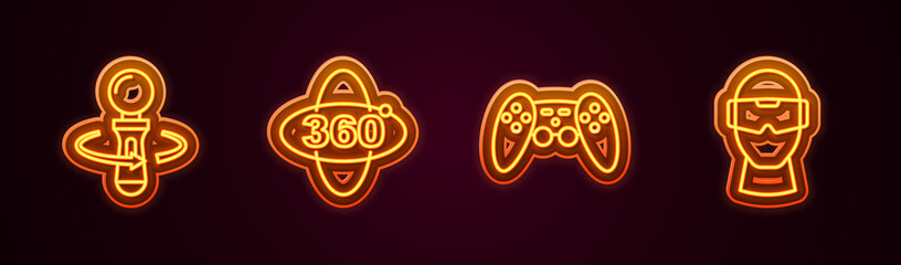 Set line VR controller game, 360 degree view, Gamepad and Virtual reality glasses. Glowing neon icon. Vector