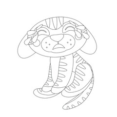 Coloring page of book for kids. Vector cute linear tiger cub,crying with tears. Symbol of 2022 new year. Isolated on white background