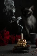 Little cake with candle and smoke with red roses, cat on black table. Mystic dramatic birthday concept. Dark mood greeting birthday card.