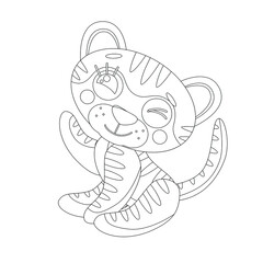 Coloring page of book for kids. Vector cute linear tiger cub, waving with paw. Symbol of 2022 new year. Isolated on white background