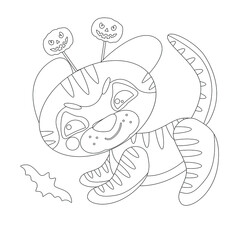Coloring page of book for kids. Vector cute playful linear tiger cub, in band with Halloween pumkins, hunts on bat. Symbol of 2022 new year. Isolated on white background