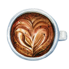 Coffee heart watercolor, cup coffee hand drawing on a white background. Vintage style food.