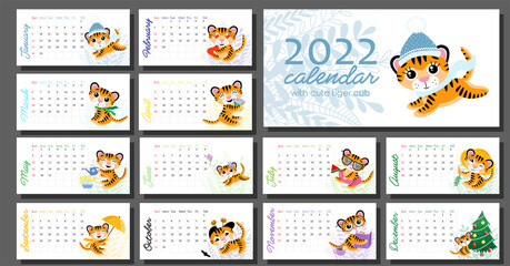 Vector horizontal calendar 2022 with symbol of new year. Week starts from Sunday. Cute tiger cub in different seasons, doing hobbies. Set of 12 isolated months and cover. A4 format for print