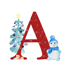 Christmas Alphabet. Illustration for postcards. Print for printing. Design for invitations. Festive drawing.