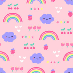 Pastel hand-drawn cloud, rainbow, flower and fruit seamless pattern background.