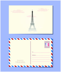 a postcard and an envelope. France. Paris, Eiffel Tower. Map of France in the form of the country's flag. Vector illustration. 
