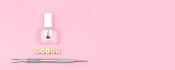 Top view on manicure equipment set. Female nails care equipment. Manicure and pedicure equipment on...
