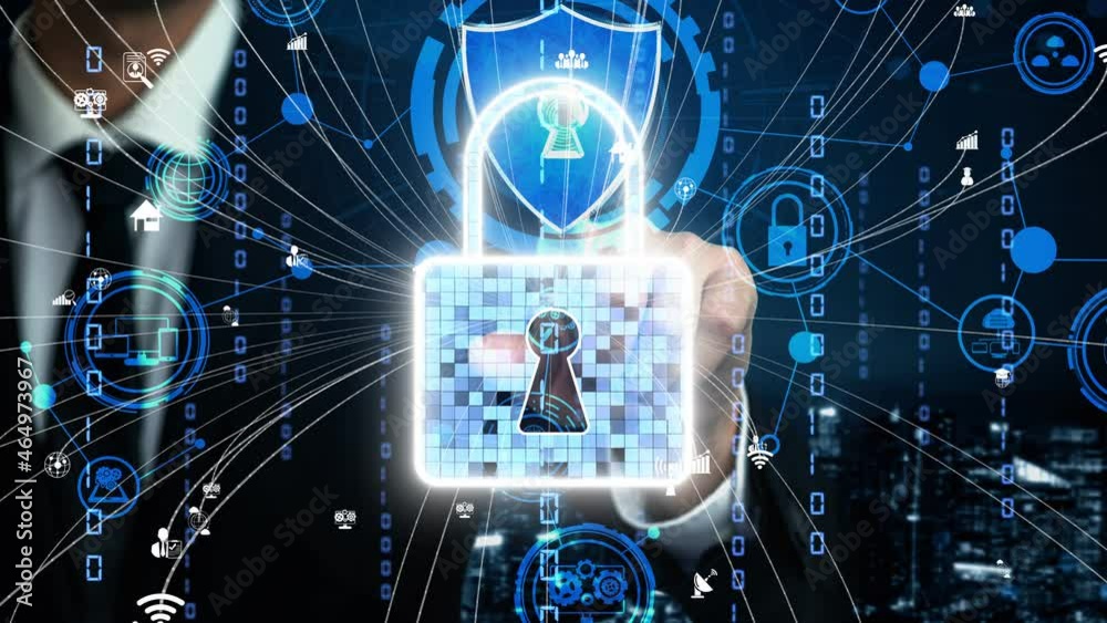 Poster cyber security encryption technology to protect data privacy conceptual . 3d render computer graphic