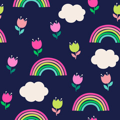 Cute hand drawn tulip, rainbow and cloud seamless pattern background.