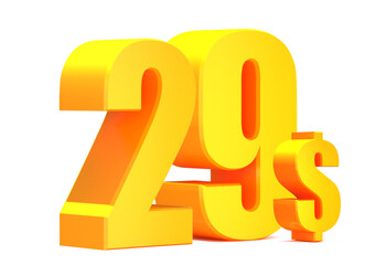 Gold 29 dollar .$ 29 word on white background. 3d illustration