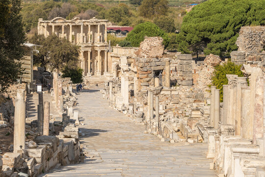 Historic Curetes street in Ephesus Ancient City at sunny day in Selcuk, Turkey