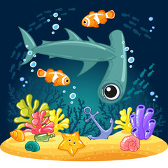 Hammer fish. Drawn cute vector illustration in cartoon style for kids. Coral reef. Underwater world. sea set - 464974706