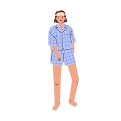 Woman in pajamas and sleep mask. Barefoot female wearing home clothes, sleepwear. Person in modern fashion outfit, nightwear, shirt and shorts. Flat vector illustration isolated on white background