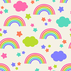 Colorful star, rainbow and cloud seamless pattern background.