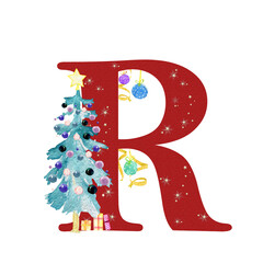 Christmas Alphabet. Illustration for postcards. Print for printing. Design for invitations. Festive drawing.