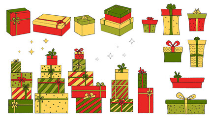 set of christmas icons,  christmas gift boxes with gifts,set of red gift boxes, green gift boxes, christmas gift boxes, set of christmas gifts, set of vintage christmas icons