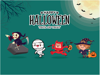 Vintage Halloween poster design with vector reaper, mummy, demon, witch,  jack o lantern character. 