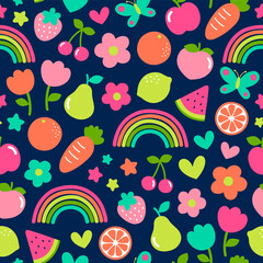 Cute fun Hand drawn fruit and floral seamless pattern background.
