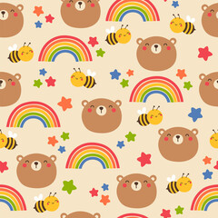 Fototapeta premium Teddy bear, bumble bee, rainbow and star seamless pattern background.