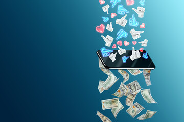 Content monetization, likes turn into dollars passing through the smartphone. The concept of new...