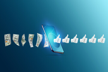 Content monetization, likes turn into dollars passing through the smartphone. The concept of new...