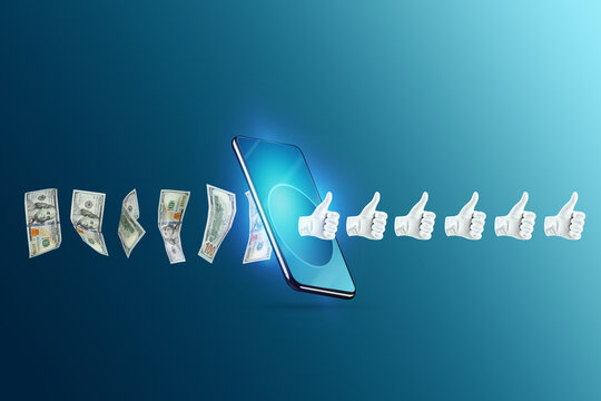 Content monetization, likes turn into dollars passing through the smartphone. The concept of new currency, social networks, freelancing, monetization of subscribers and followers.