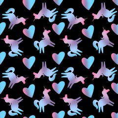 Seamless pattern with gradient unicorn on black background 