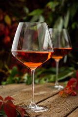 Autumn cozy romantic evening outdoors, wooden table with glasses with rose wine and grapes