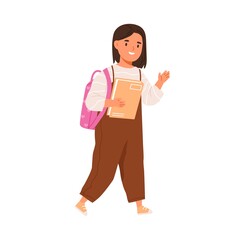 School girl walk with schoolbag and book. Happy child with backpack going, greeting smb with hi gesture. Pupil kid and textbook. Flat vector illustration of schoolchild isolated on white background