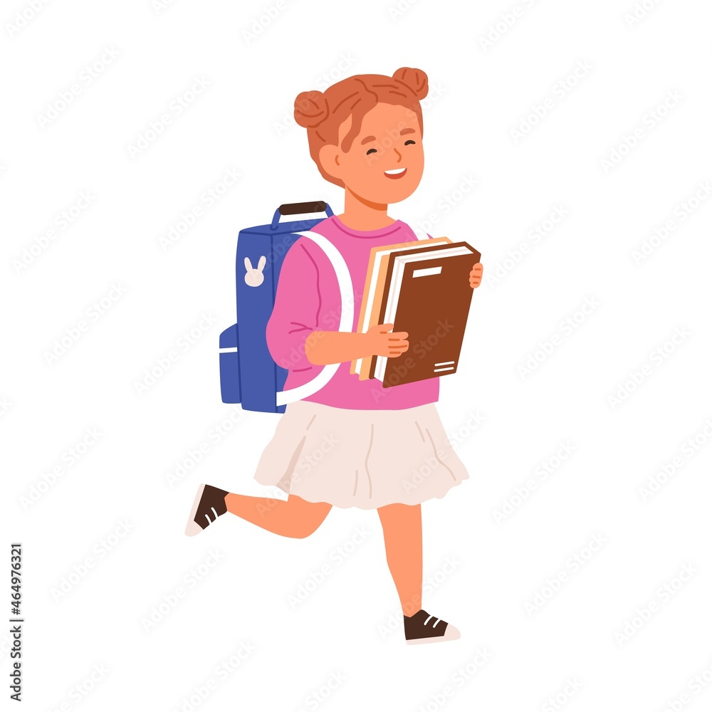 Poster school girl walking with books and schoolbag. happy kid first-grader going with bag and textbooks. c
