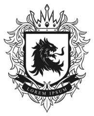 Vector heraldic shield with lion head and floral decoration.