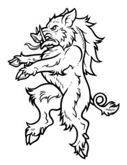 Black and white heraldic wild boar vector digital ink illustration.