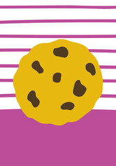 Cute cookie on striped background. Bright poster  in cartoon style with oatmeal pastry with chocolate chips. Vector flat hand drawn illustration for wall decor, postcards or other