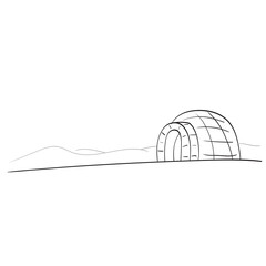 Igloo in snowfield with snowy mountain background with copyspace illustration vector isolated on white background line art.