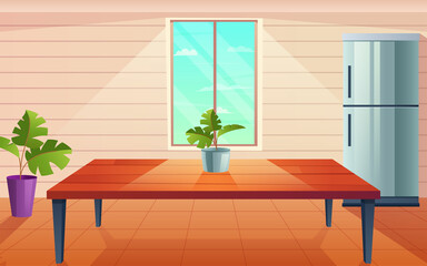 table room background, illustration of empty table room with window and refrigerator.
