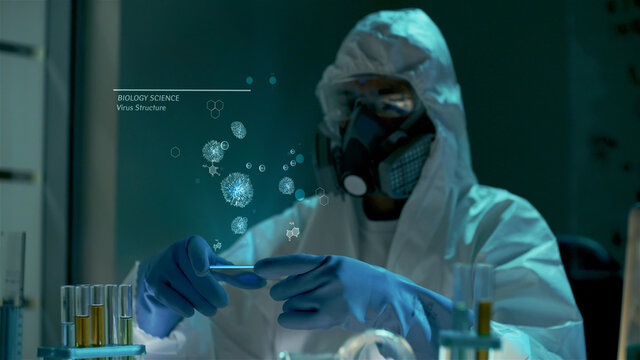 Scientist conducting research on covid-19 vaccine analyzing virus with holographic technology - Powered by Adobe