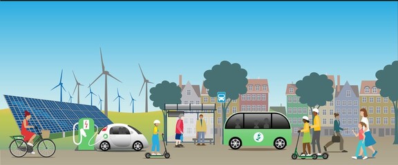 A sustainable city view with renewable energy from sun and wind. Electric bikes and scooters. Electric cars and a charging station, Electrified public bus.