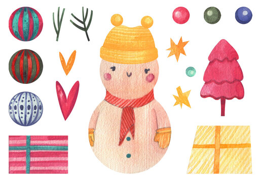 Collection of Christmas hand-drawn watercolor elements. Snowman, gifts, stars, Christmas tree, decoration balls, confetti, hearts. Isolated set on a white background. New year, Christmas decor.